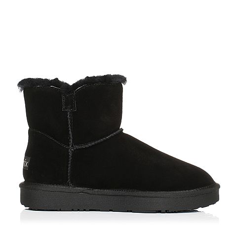 Teenmix/天美意冬黑色牛剖层皮平跟雪地靴女短靴(毛里)33501DD7