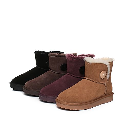 Teenmix/天美意冬黑色牛剖层皮平跟雪地靴女短靴(毛里)33501DD7