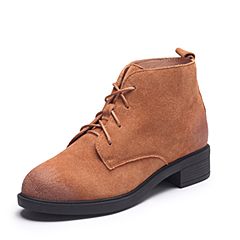 Teenmix/天美意冬专柜同款棕色牛剖层皮舒适方跟女短靴AP881DD7