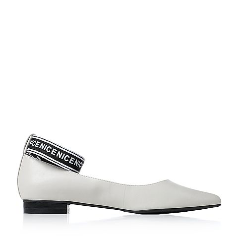 Teenmix/天美意秋灰白色羊皮个性字母绑带时髦尖头浅口女单鞋D0169CQ7