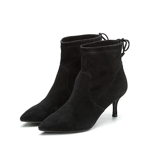 Teenmix/天美意冬专柜同款黑色羊绒皮知性OL女短靴AP961DD7