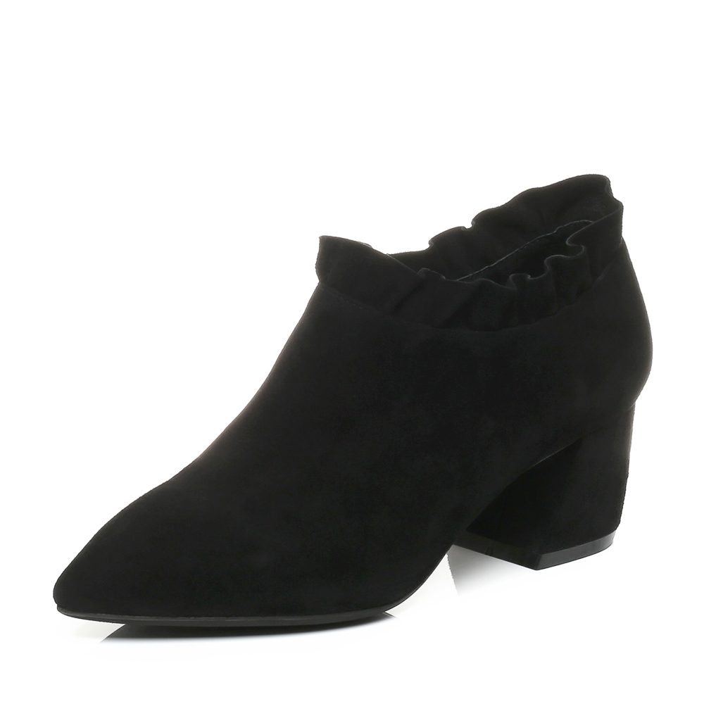 teenmix/天美意冬黑色羊绒皮褶皱花边时髦尖头女单鞋hf102dm7