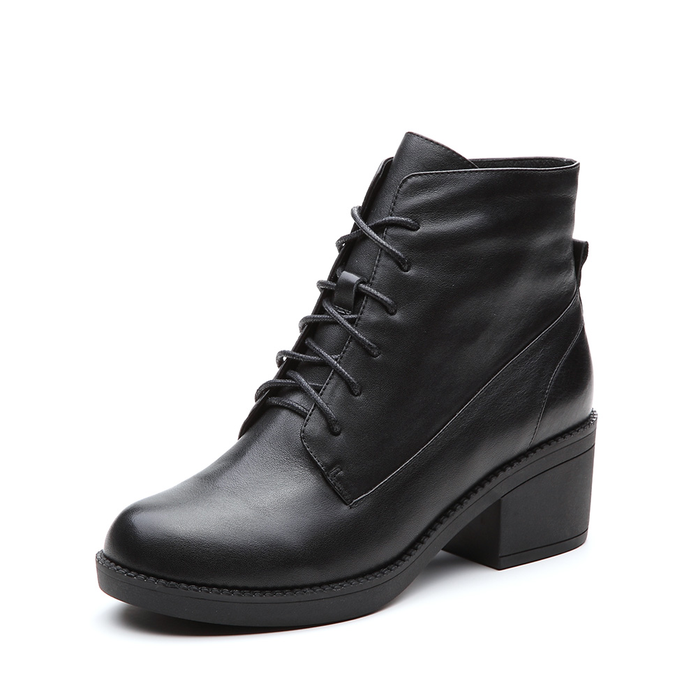 Teenmix/天美意冬专柜同款黑色牛皮简约粗跟女短靴AP981DD7