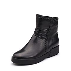 Teenmix/天美意冬专柜同款黑色牛皮褶皱小方跟女短靴AQ111DD7