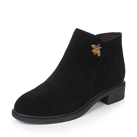 Teenmix/天美意冬黑色牛剖层皮优雅小蜜蜂饰扣女短靴（绒里）37803DD7