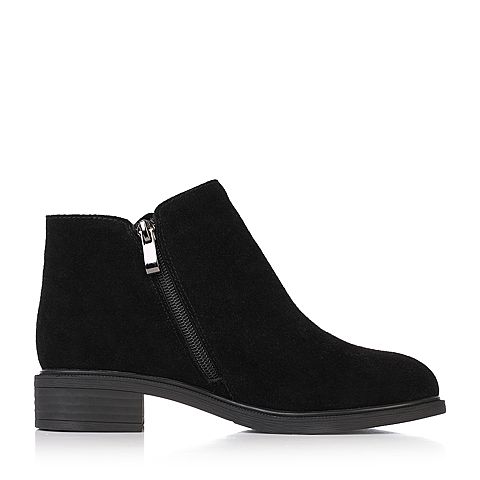 Teenmix/天美意冬黑色牛剖层皮优雅小蜜蜂饰扣女短靴（绒里）37803DD7