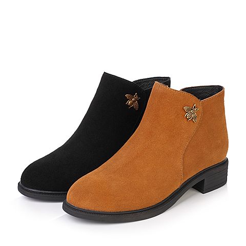 Teenmix/天美意冬黑色牛剖层皮优雅小蜜蜂饰扣女短靴（绒里）37803DD7