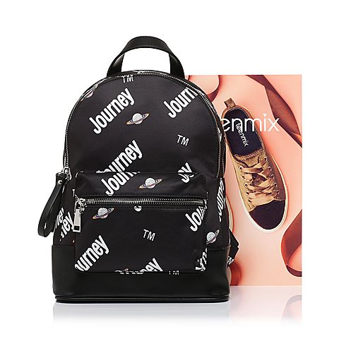 Teenmix/天美意春专柜同款黑色潮酷字母学院风双肩包女包X1434AX8