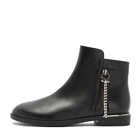 Teenmix/天美意冬商场同款黑色擦色牛皮革时尚钻饰舒适方跟皮靴女短靴CBQ41DD7