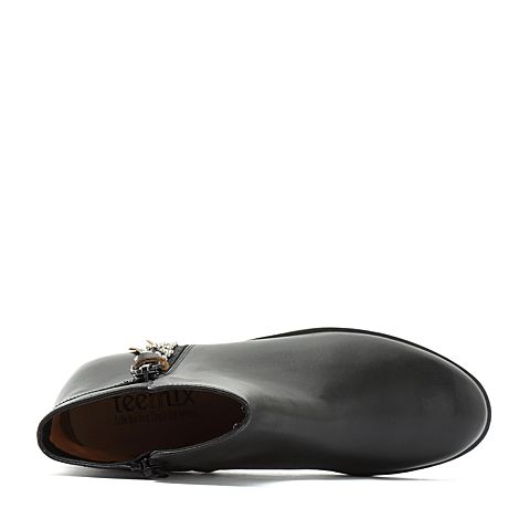 Teenmix/天美意冬商场同款黑色擦色牛皮革时尚钻饰舒适方跟皮靴女短靴CBQ41DD7