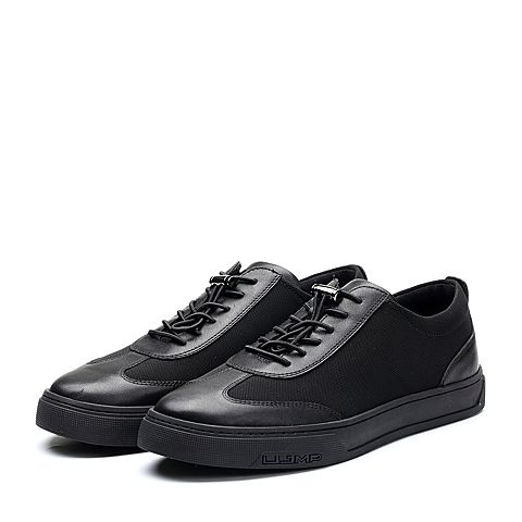 Teenmix/天美意春专柜同款黑色牛皮/纺织品平跟男休闲鞋64X03AM8