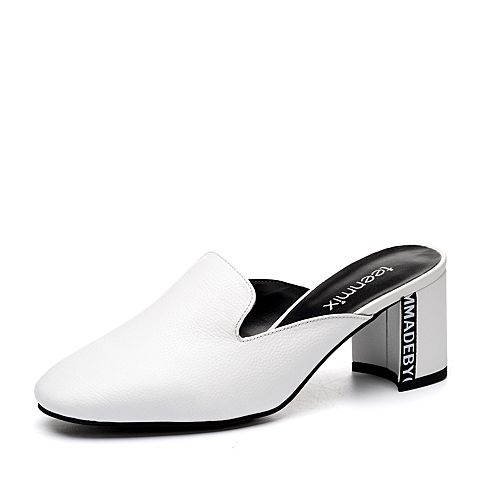 Teenmix/天美意春专柜同款白色牛皮字母粗高跟穆勒鞋女鞋CBZ33AH8