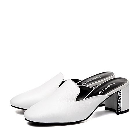Teenmix/天美意春专柜同款白色牛皮字母粗高跟穆勒鞋女鞋CBZ33AH8