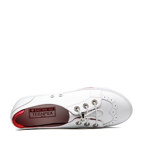 Teenmix/天美意春专柜同款白/红色牛皮镂花撞色平跟女休闲鞋6V521AM8