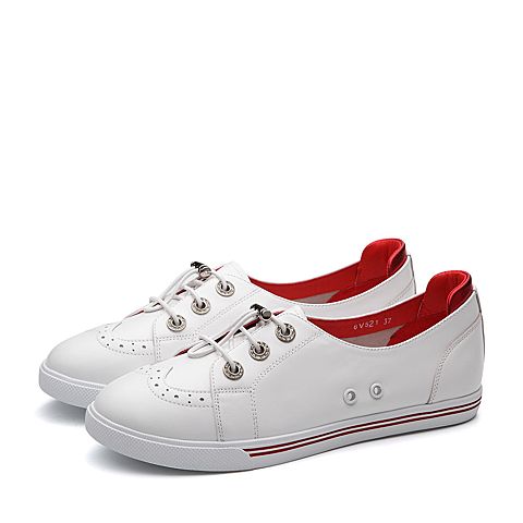 Teenmix/天美意春专柜同款白/红色牛皮镂花撞色平跟女休闲鞋6V521AM8