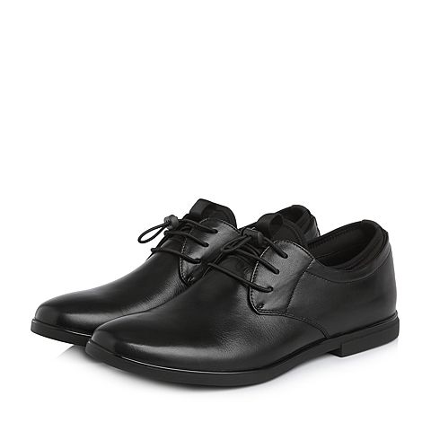 Teenmix/天美意春专柜同款黑色牛皮/织物舒适方跟男单鞋2GJ01AM8