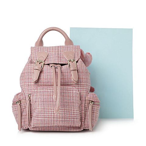 Teenmix/天美意春专柜同款粉白色格纹休闲学院风双肩包女包X1470AX8