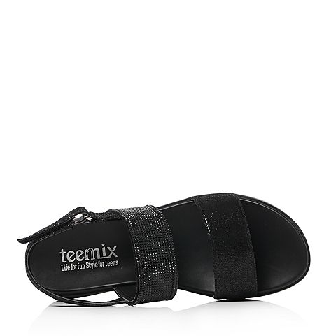 Teenmix/天美意夏专柜同款黑色裂面猪皮/纺织品厚底女凉鞋6Z909BL8