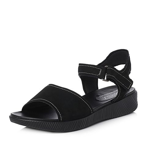 Teenmix/天美意夏专柜同款黑色磨砂牛皮一字式平跟女凉鞋CDQ02BL8