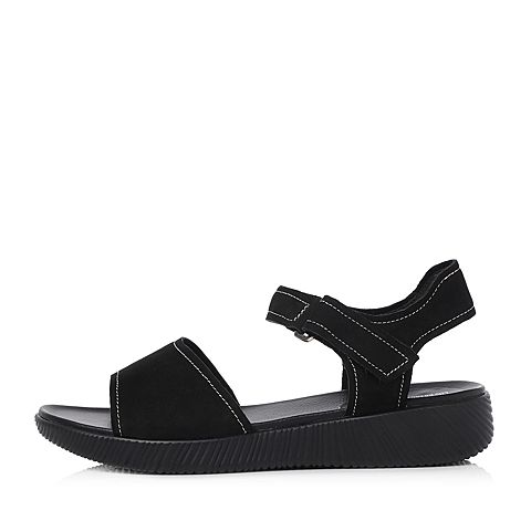 Teenmix/天美意夏专柜同款黑色磨砂牛皮一字式平跟女凉鞋CDQ02BL8