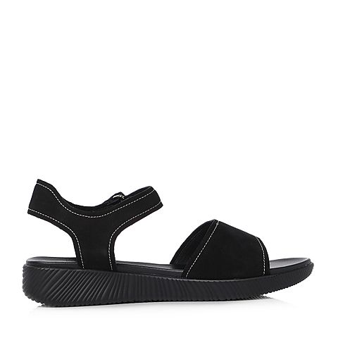 Teenmix/天美意夏专柜同款黑色磨砂牛皮一字式平跟女凉鞋CDQ02BL8