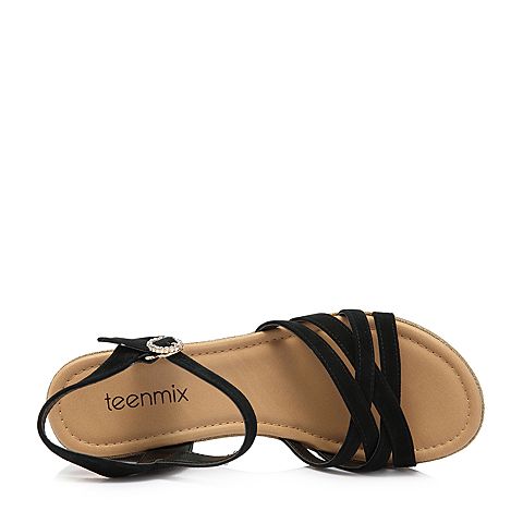 Teenmix/天美意夏专柜同款黑色羊绒皮革多条带印花坡跟女凉鞋CC403BL8