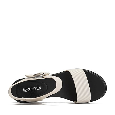 Teenmix/天美意夏商场同款米白色简约一字带厚底坡跟女凉鞋AR311BL8