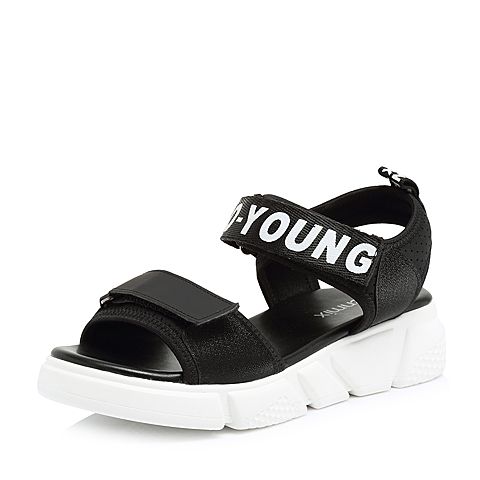 Teenmix/天美意夏专柜同款黑色时尚字母厚底休闲风女凉鞋AR281BL8