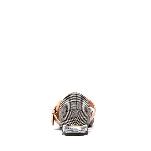 Teenmix/天美意春黑白/杏色纺织品/牛皮格子方跟中空女凉鞋28030AK8