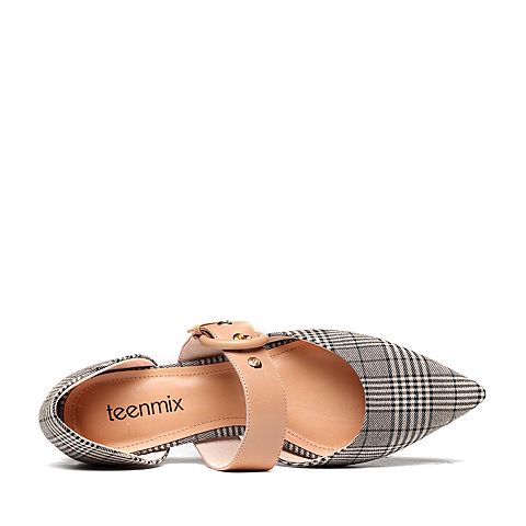 Teenmix/天美意春黑白/杏色纺织品/牛皮格子方跟中空女凉鞋28030AK8
