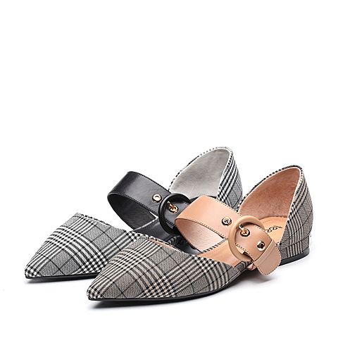 Teenmix/天美意春黑白/杏色纺织品/牛皮格子方跟中空女凉鞋28030AK8