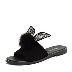 Teenmix/天美意夏专柜同款黑色毛球蕾丝兔耳方跟女拖鞋AR381BT8