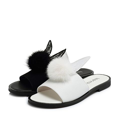 Teenmix/天美意夏专柜同款黑色毛球蕾丝兔耳女拖鞋AR381BT8