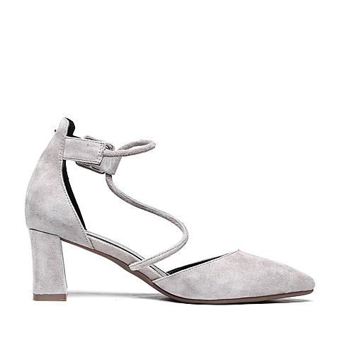 Teenmix/天美意春专柜同款灰色羊绒皮尖头粗高跟女凉鞋AR411AK8