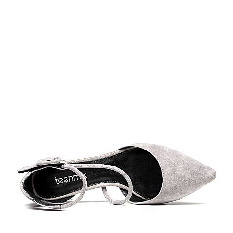 Teenmix/天美意春专柜同款灰色羊绒皮尖头粗高跟女凉鞋AR411AK8