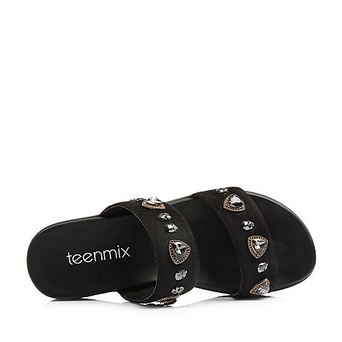 Teenmix/天美意夏专柜同款黑色纺织品钻饰厚底泳池拖女拖鞋AR451BT8