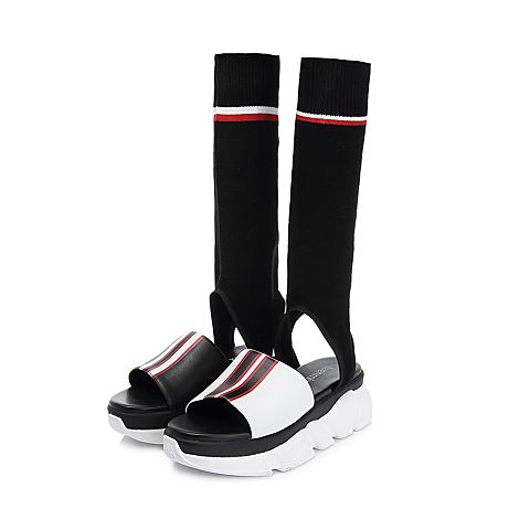 Teenmix/天美意夏专柜同款黑/白色牛皮革/纺织品厚底运动风女凉靴AR621BB8