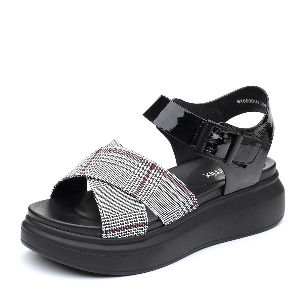 Teenmix/天美意夏黑色纺织舒适厚底女凉鞋91060BL8