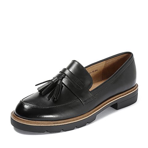 Teenmix/天美意秋专柜同款黑色打蜡牛皮革流苏方跟乐福鞋女单鞋6T301CQ8