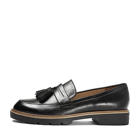 Teenmix/天美意秋专柜同款黑色打蜡牛皮革流苏方跟乐福鞋女单鞋6T301CQ8