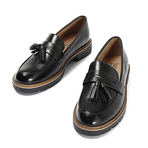 Teenmix/天美意秋专柜同款黑色打蜡牛皮革流苏方跟乐福鞋女单鞋6T301CQ8