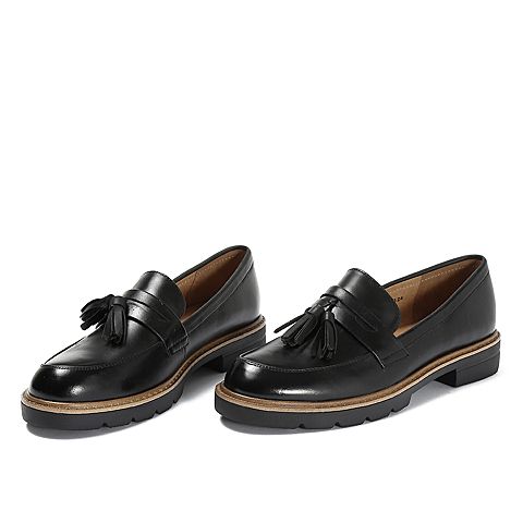 Teenmix/天美意秋专柜同款黑色打蜡牛皮革流苏方跟乐福鞋女单鞋6T301CQ8