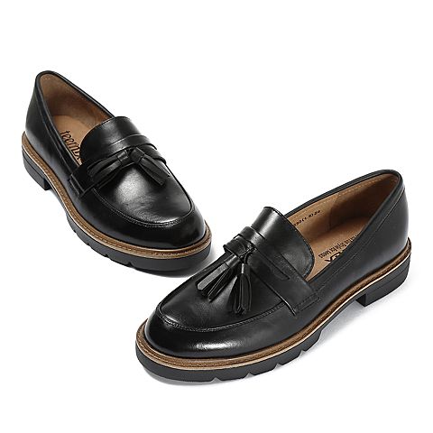 Teenmix/天美意秋专柜同款黑色打蜡牛皮革流苏方跟乐福鞋女单鞋6T301CQ8