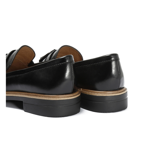 Teenmix/天美意秋专柜同款黑色打蜡牛皮革流苏方跟乐福鞋女单鞋6T301CQ8