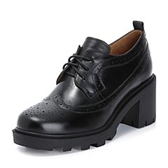 Teenmix/天美意秋专柜同款黑色打蜡牛皮革英伦风粗跟系带鞋女单鞋CFE21CM8