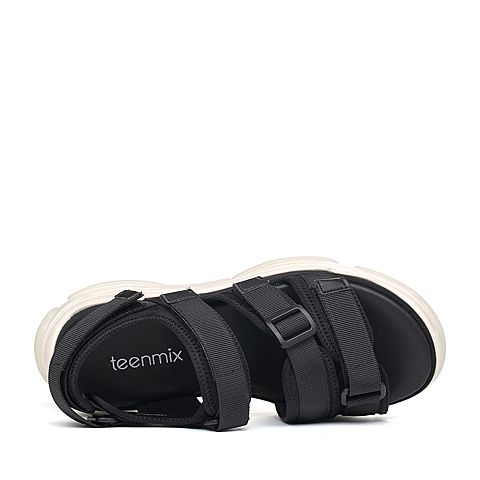 Teenmix/天美意夏黑色纺织品多条带厚底运动风魔术贴女凉鞋18601BL8