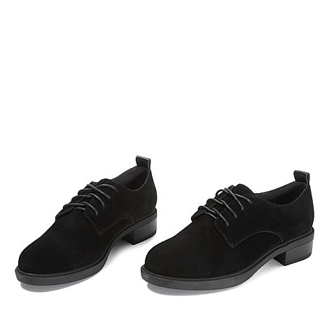 Teenmix/天美意秋专柜同款黑色牛剖层皮革方跟系带鞋女单鞋AR831CM8