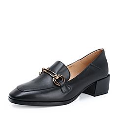 Teenmix/天美意秋黑色牛皮革复古马衔扣英伦风粗跟穆勒乐福鞋女单鞋18069CQ8