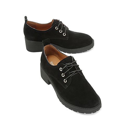 Teenmix/天美意秋黑色羊绒皮革舒适方跟系带鞋女单鞋17005CM8