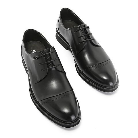 Teenmix/天美意秋专柜同款黑色牛皮革英伦风方跟德比鞋男单鞋2JQ01CM8